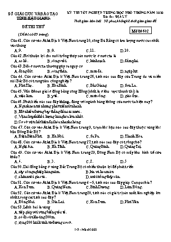Đề thi thử Tốt nghiệp THPT môn Địa lí năm 2020 - Mã đề: 602 - Sở GD&ĐT Hậu Giang (Kèm đáp án)