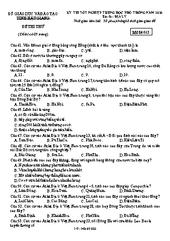 Đề thi thử Tốt nghiệp THPT môn Địa lí năm 2020 - Mã đề: 603 - Sở GD&ĐT Hậu Giang (Kèm đáp án)