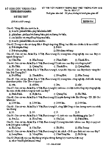 Đề thi thử Tốt nghiệp THPT môn Địa lí năm 2020 - Mã đề: 604 - Sở GD&ĐT Hậu Giang (Kèm đáp án)