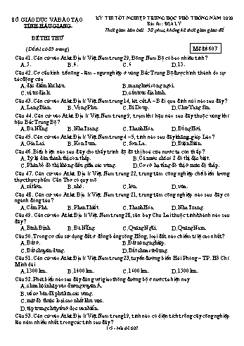 Đề thi thử Tốt nghiệp THPT môn Địa lí năm 2020 - Mã đề: 607 - Sở GD&ĐT Hậu Giang (Kèm đáp án)
