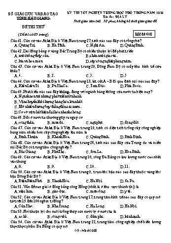 Đề thi thử Tốt nghiệp THPT môn Địa lí năm 2020 - Mã đề: 608 - Sở GD&ĐT Hậu Giang (Kèm đáp án)