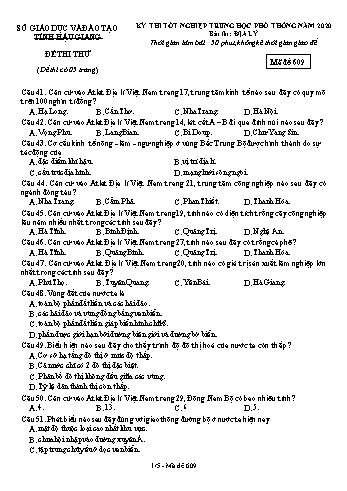 Đề thi thử Tốt nghiệp THPT môn Địa lí năm 2020 - Mã đề: 609 - Sở GD&ĐT Hậu Giang (Kèm đáp án)