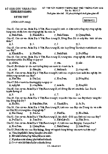 Đề thi thử Tốt nghiệp THPT môn Địa lí năm 2020 - Mã đề: 611 - Sở GD&ĐT Hậu Giang (Kèm đáp án)