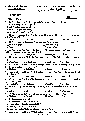 Đề thi thử Tốt nghiệp THPT môn Địa lí năm 2020 - Mã đề: 615 - Sở GD&ĐT Hậu Giang (Kèm đáp án)