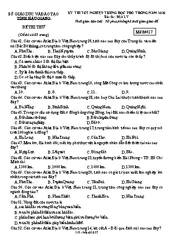 Đề thi thử Tốt nghiệp THPT môn Địa lí năm 2020 - Mã đề: 617 - Sở GD&ĐT Hậu Giang (Kèm đáp án)