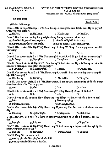 Đề thi thử Tốt nghiệp THPT môn Địa lí năm 2020 - Mã đề: 621 - Sở GD&ĐT Hậu Giang (Kèm đáp án)