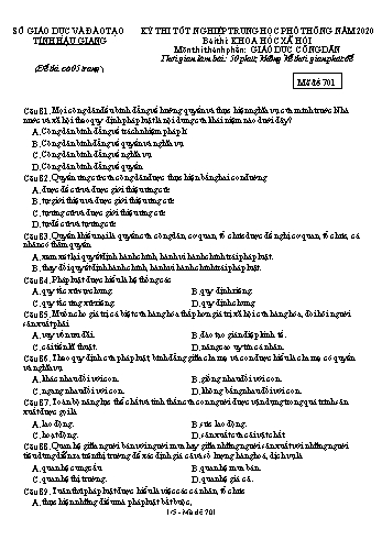 Đề thi thử Tốt nghiệp THPT môn GDCD năm 2020 - Mã đề: 701 - Sở GD&ĐT Hậu Giang (Kèm đáp án)