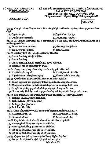 Đề thi thử Tốt nghiệp THPT môn GDCD năm 2020 - Mã đề: 706 - Sở GD&ĐT Hậu Giang (Kèm đáp án)