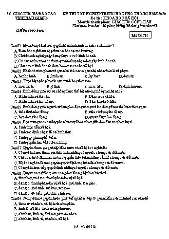 Đề thi thử Tốt nghiệp THPT môn GDCD năm 2020 - Mã đề: 710 - Sở GD&ĐT Hậu Giang (Kèm đáp án)