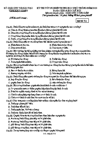 Đề thi thử Tốt nghiệp THPT môn GDCD năm 2020 - Mã đề: 711 - Sở GD&ĐT Hậu Giang (Kèm đáp án)