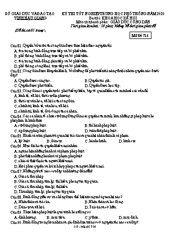 Đề thi thử Tốt nghiệp THPT môn GDCD năm 2020 - Mã đề: 714 - Sở GD&ĐT Hậu Giang (Kèm đáp án)