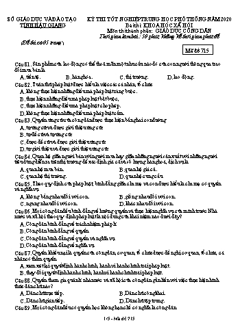 Đề thi thử Tốt nghiệp THPT môn GDCD năm 2020 - Mã đề: 715 - Sở GD&ĐT Hậu Giang (Kèm đáp án)
