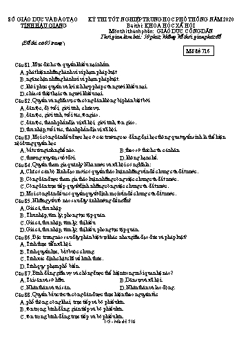 Đề thi thử Tốt nghiệp THPT môn GDCD năm 2020 - Mã đề: 716 - Sở GD&ĐT Hậu Giang (Kèm đáp án)