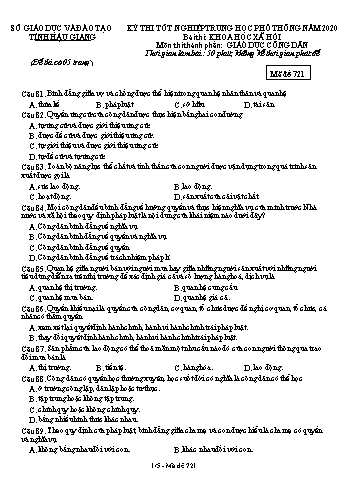 Đề thi thử Tốt nghiệp THPT môn GDCD năm 2020 - Mã đề: 721 - Sở GD&ĐT Hậu Giang (Kèm đáp án)