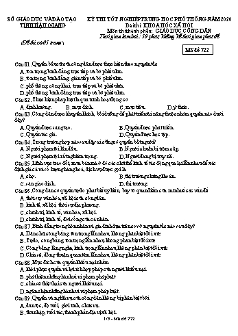 Đề thi thử Tốt nghiệp THPT môn GDCD năm 2020 - Mã đề: 722 - Sở GD&ĐT Hậu Giang (Kèm đáp án)