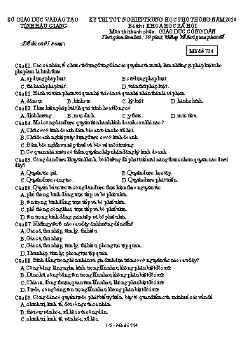 Đề thi thử Tốt nghiệp THPT môn GDCD năm 2020 - Mã đề: 724 - Sở GD&ĐT Hậu Giang (Kèm đáp án)