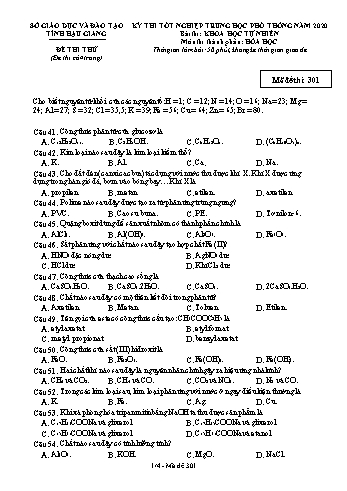 Đề thi thử Tốt nghiệp THPT môn Hóa học năm 2020 - Mã đề: 301 - Sở GD&ĐT Hậu Giang (Kèm đáp án)