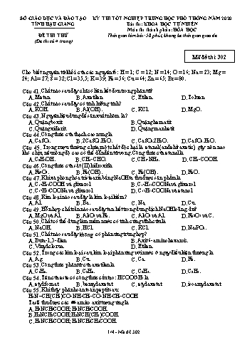 Đề thi thử Tốt nghiệp THPT môn Hóa học năm 2020 - Mã đề: 302 - Sở GD&ĐT Hậu Giang (Kèm đáp án)