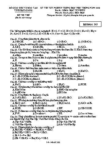 Đề thi thử Tốt nghiệp THPT môn Hóa học năm 2020 - Mã đề: 303 - Sở GD&ĐT Hậu Giang (Kèm đáp án)