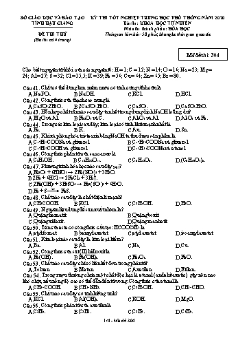 Đề thi thử Tốt nghiệp THPT môn Hóa học năm 2020 - Mã đề: 304 - Sở GD&ĐT Hậu Giang (Kèm đáp án)