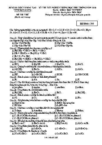 Đề thi thử Tốt nghiệp THPT môn Hóa học năm 2020 - Mã đề: 305 - Sở GD&ĐT Hậu Giang (Kèm đáp án)