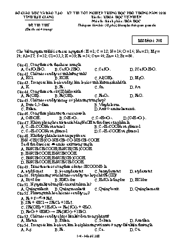 Đề thi thử Tốt nghiệp THPT môn Hóa học năm 2020 - Mã đề: 308 - Sở GD&ĐT Hậu Giang (Kèm đáp án)