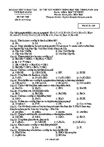 Đề thi thử Tốt nghiệp THPT môn Hóa học năm 2020 - Mã đề: 309 - Sở GD&ĐT Hậu Giang (Kèm đáp án)