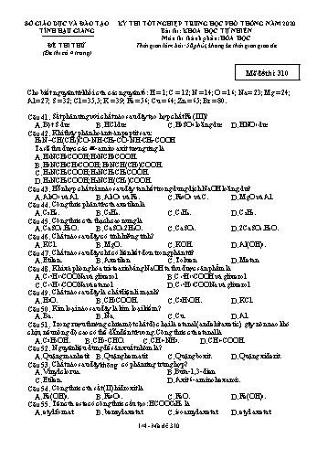 Đề thi thử Tốt nghiệp THPT môn Hóa học năm 2020 - Mã đề: 310 - Sở GD&ĐT Hậu Giang (Kèm đáp án)