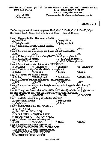 Đề thi thử Tốt nghiệp THPT môn Hóa học năm 2020 - Mã đề: 314 - Sở GD&ĐT Hậu Giang (Kèm đáp án)