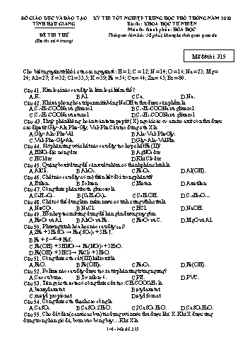 Đề thi thử Tốt nghiệp THPT môn Hóa học năm 2020 - Mã đề: 315 - Sở GD&ĐT Hậu Giang (Kèm đáp án)