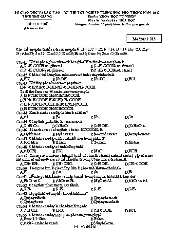 Đề thi thử Tốt nghiệp THPT môn Hóa học năm 2020 - Mã đề: 316 - Sở GD&ĐT Hậu Giang (Kèm đáp án)