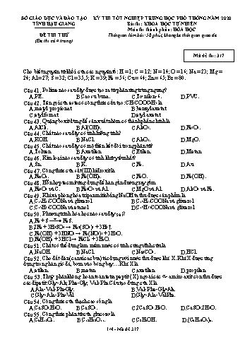 Đề thi thử Tốt nghiệp THPT môn Hóa học năm 2020 - Mã đề: 317 - Sở GD&ĐT Hậu Giang (Kèm đáp án)