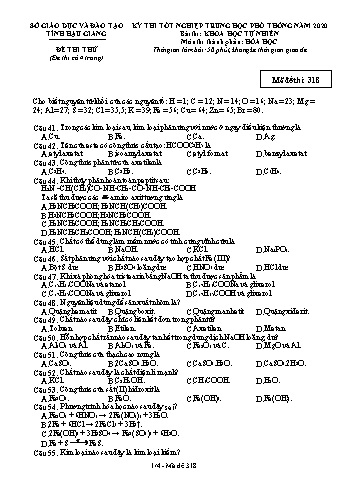 Đề thi thử Tốt nghiệp THPT môn Hóa học năm 2020 - Mã đề: 318 - Sở GD&ĐT Hậu Giang (Kèm đáp án)