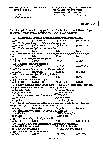 Đề thi thử Tốt nghiệp THPT môn Hóa học năm 2020 - Mã đề: 319 - Sở GD&ĐT Hậu Giang (Kèm đáp án)