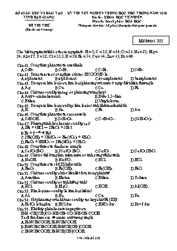 Đề thi thử Tốt nghiệp THPT môn Hóa học năm 2020 - Mã đề: 322 - Sở GD&ĐT Hậu Giang (Kèm đáp án)