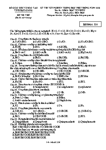 Đề thi thử Tốt nghiệp THPT môn Hóa học năm 2020 - Mã đề: 324 - Sở GD&ĐT Hậu Giang (Kèm đáp án)