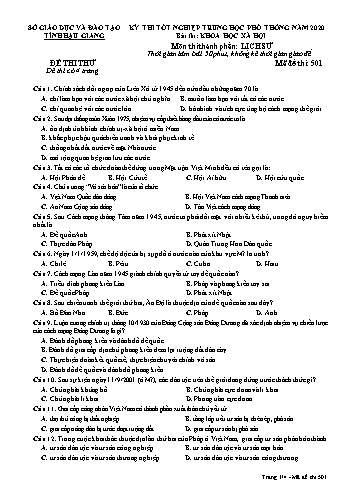 Đề thi thử Tốt nghiệp THPT môn Lịch sử năm 2020 - Mã đề: 501 - Sở GD&ĐT Hậu Giang (Kèm đáp án)