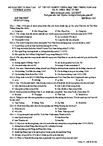 Đề thi thử Tốt nghiệp THPT môn Lịch sử năm 2020 - Mã đề: 502 - Sở GD&ĐT Hậu Giang (Kèm đáp án)