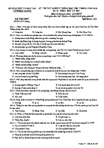 Đề thi thử Tốt nghiệp THPT môn Lịch sử năm 2020 - Mã đề: 503 - Sở GD&ĐT Hậu Giang (Kèm đáp án)