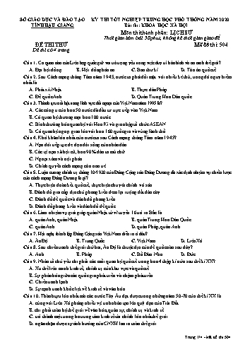 Đề thi thử Tốt nghiệp THPT môn Lịch sử năm 2020 - Mã đề: 504 - Sở GD&ĐT Hậu Giang (Kèm đáp án)