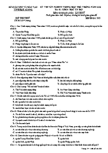 Đề thi thử Tốt nghiệp THPT môn Lịch sử năm 2020 - Mã đề: 505 - Sở GD&ĐT Hậu Giang (Kèm đáp án)