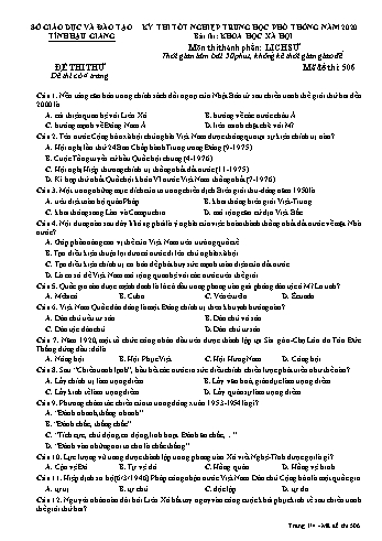 Đề thi thử Tốt nghiệp THPT môn Lịch sử năm 2020 - Mã đề: 506 - Sở GD&ĐT Hậu Giang (Kèm đáp án)
