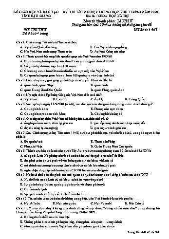Đề thi thử Tốt nghiệp THPT môn Lịch sử năm 2020 - Mã đề: 507 - Sở GD&ĐT Hậu Giang (Kèm đáp án)
