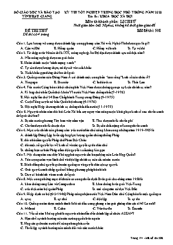 Đề thi thử Tốt nghiệp THPT môn Lịch sử năm 2020 - Mã đề: 508 - Sở GD&ĐT Hậu Giang (Kèm đáp án)