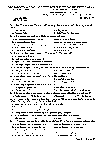 Đề thi thử Tốt nghiệp THPT môn Lịch sử năm 2020 - Mã đề: 509 - Sở GD&ĐT Hậu Giang (Kèm đáp án)