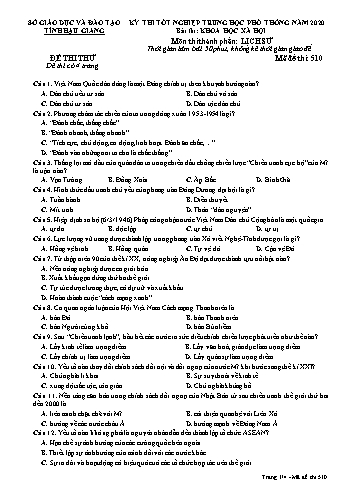 Đề thi thử Tốt nghiệp THPT môn Lịch sử năm 2020 - Mã đề: 510 - Sở GD&ĐT Hậu Giang (Kèm đáp án)