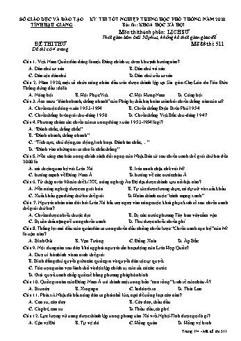 Đề thi thử Tốt nghiệp THPT môn Lịch sử năm 2020 - Mã đề: 511 - Sở GD&ĐT Hậu Giang (Kèm đáp án)