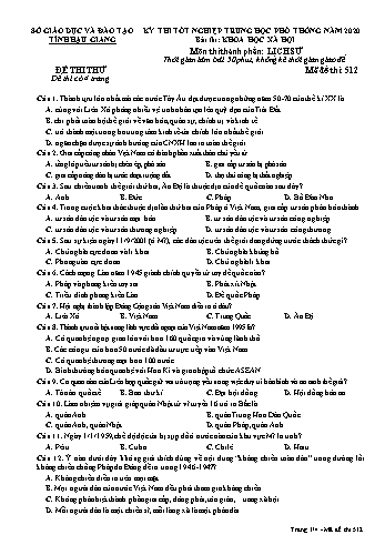 Đề thi thử Tốt nghiệp THPT môn Lịch sử năm 2020 - Mã đề: 512 - Sở GD&ĐT Hậu Giang (Kèm đáp án)