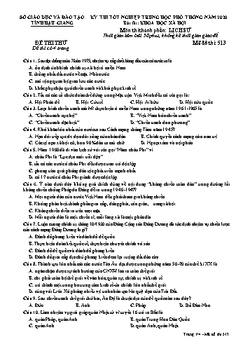 Đề thi thử Tốt nghiệp THPT môn Lịch sử năm 2020 - Mã đề: 513 - Sở GD&ĐT Hậu Giang (Kèm đáp án)