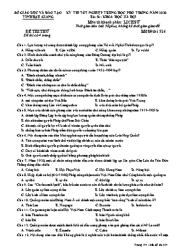 Đề thi thử Tốt nghiệp THPT môn Lịch sử năm 2020 - Mã đề: 514 - Sở GD&ĐT Hậu Giang (Kèm đáp án)